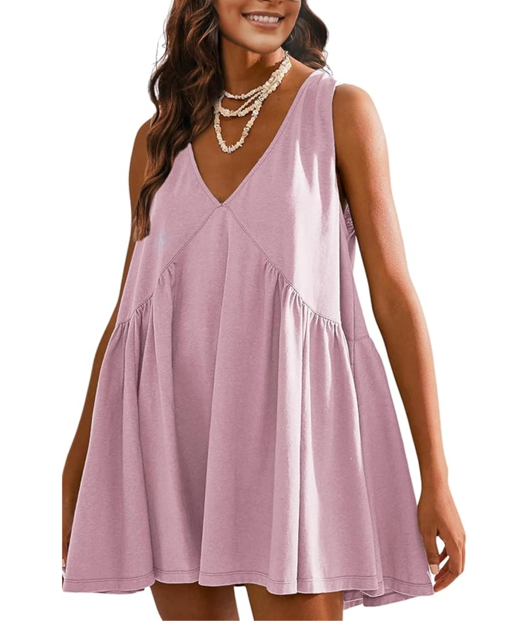 OPCAKM Women's V Neck Sleeveless Mini Dress Loose Summer Pleated Swing Flowy Sundress