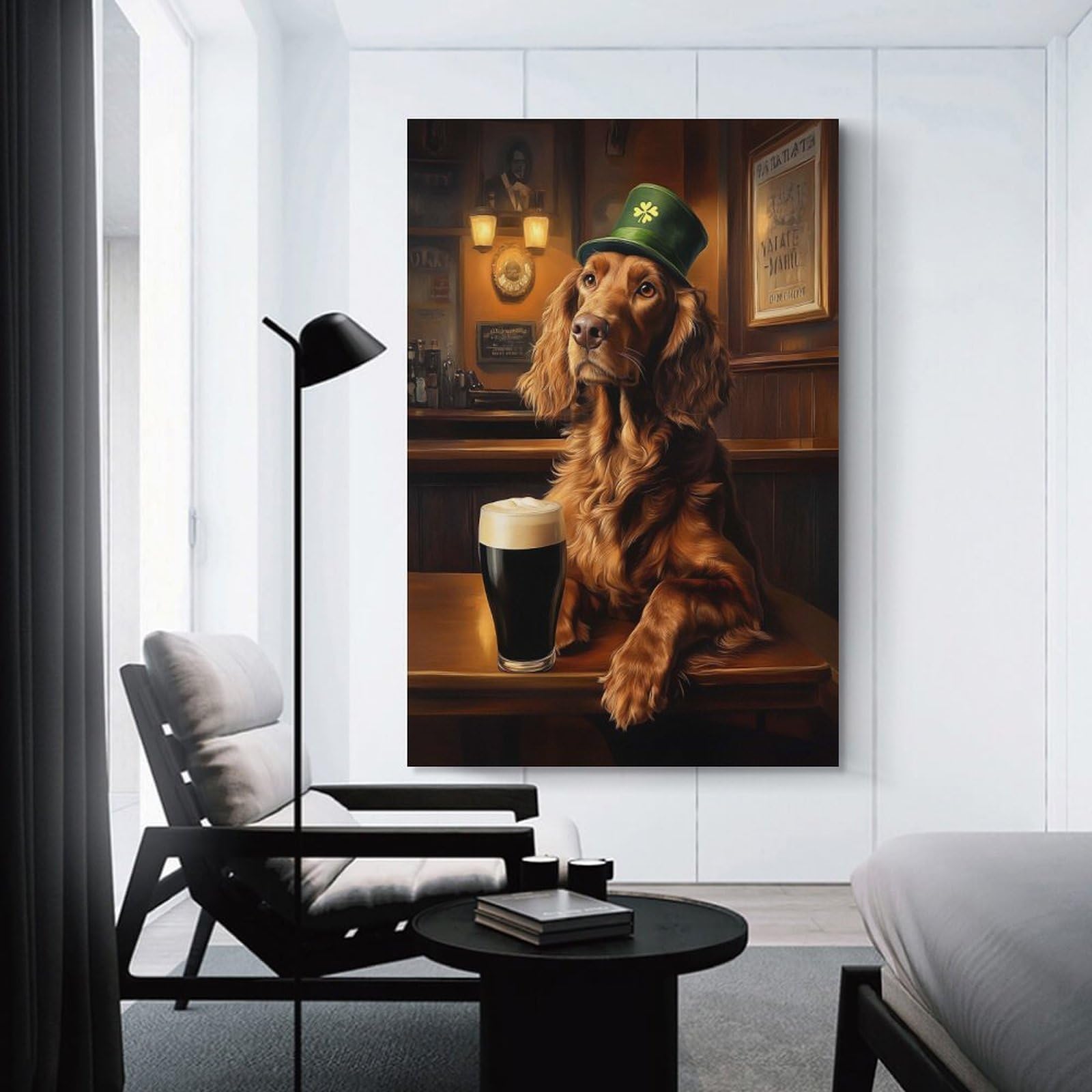 Junmoney Wall Picture Print St. Patrick’s Day Irish Setter in A Pub, 24x36inch(60x90cm), for Apartments, Flats Or New Home Decor, A Simple Refresh for Blank Walls