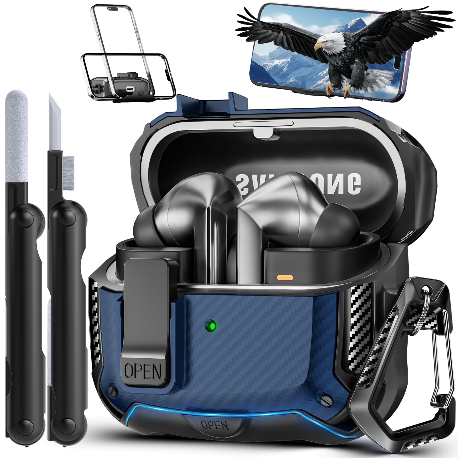 MCTOPZO with Phone Stand for Samsung Galaxy Buds3 FE (2025) / Buds3 Pro (2024) / Buds 3 Case (2024),with Secure Lock Clip & Cleaning kit Full Body