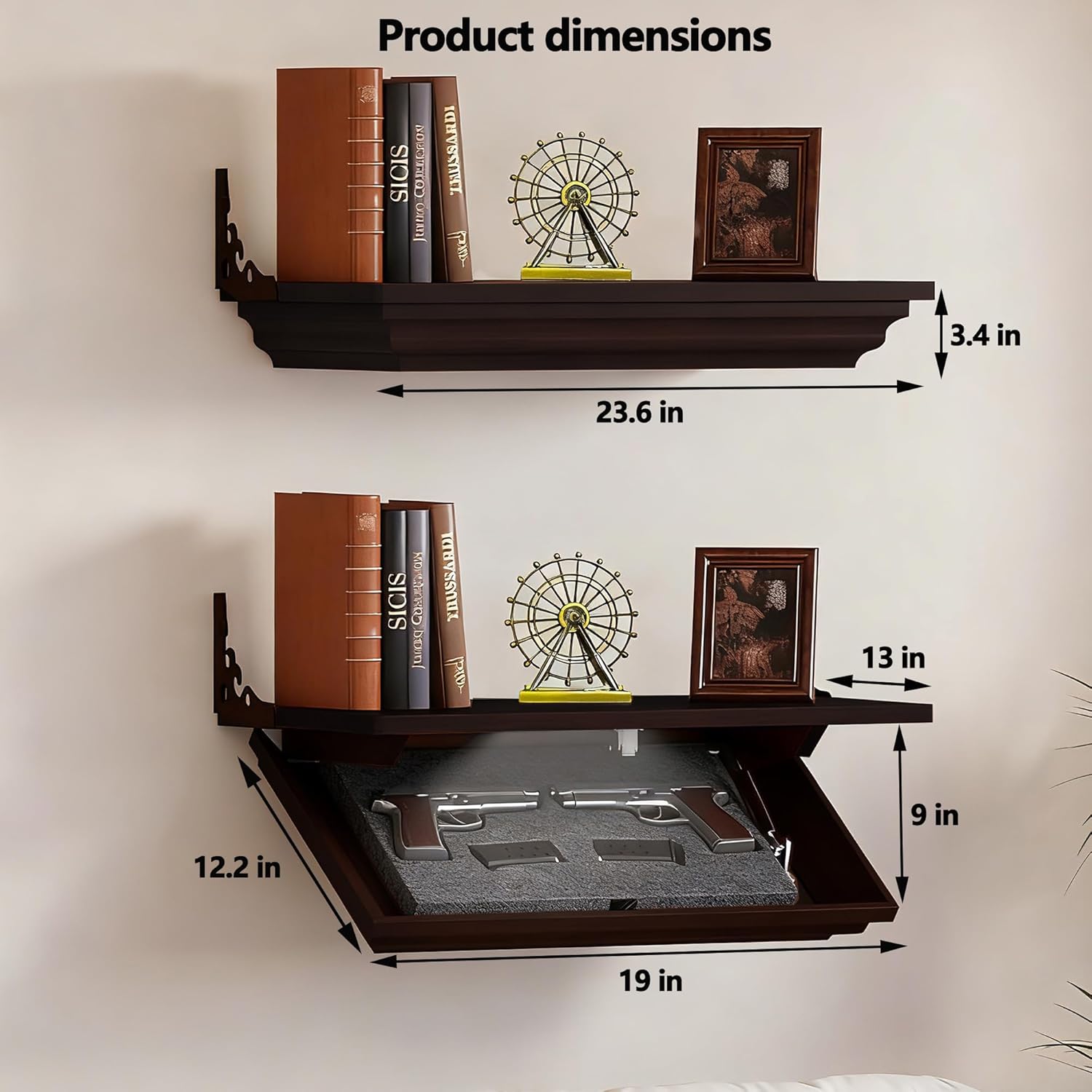 LED Compact Gun Shelf with Hidden Storage, Floating Wall Mount Gun Rack with Automatic Induction Windmill Lock and,Concealed Furniture for Secure Storage (Dark Brown)