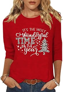 Womens Merry Christmas 3/4 Sleeve Shirt Funny Xmas Buffalo Plaid Letter Printed Tree Graphic Tee Winter Holiday Top