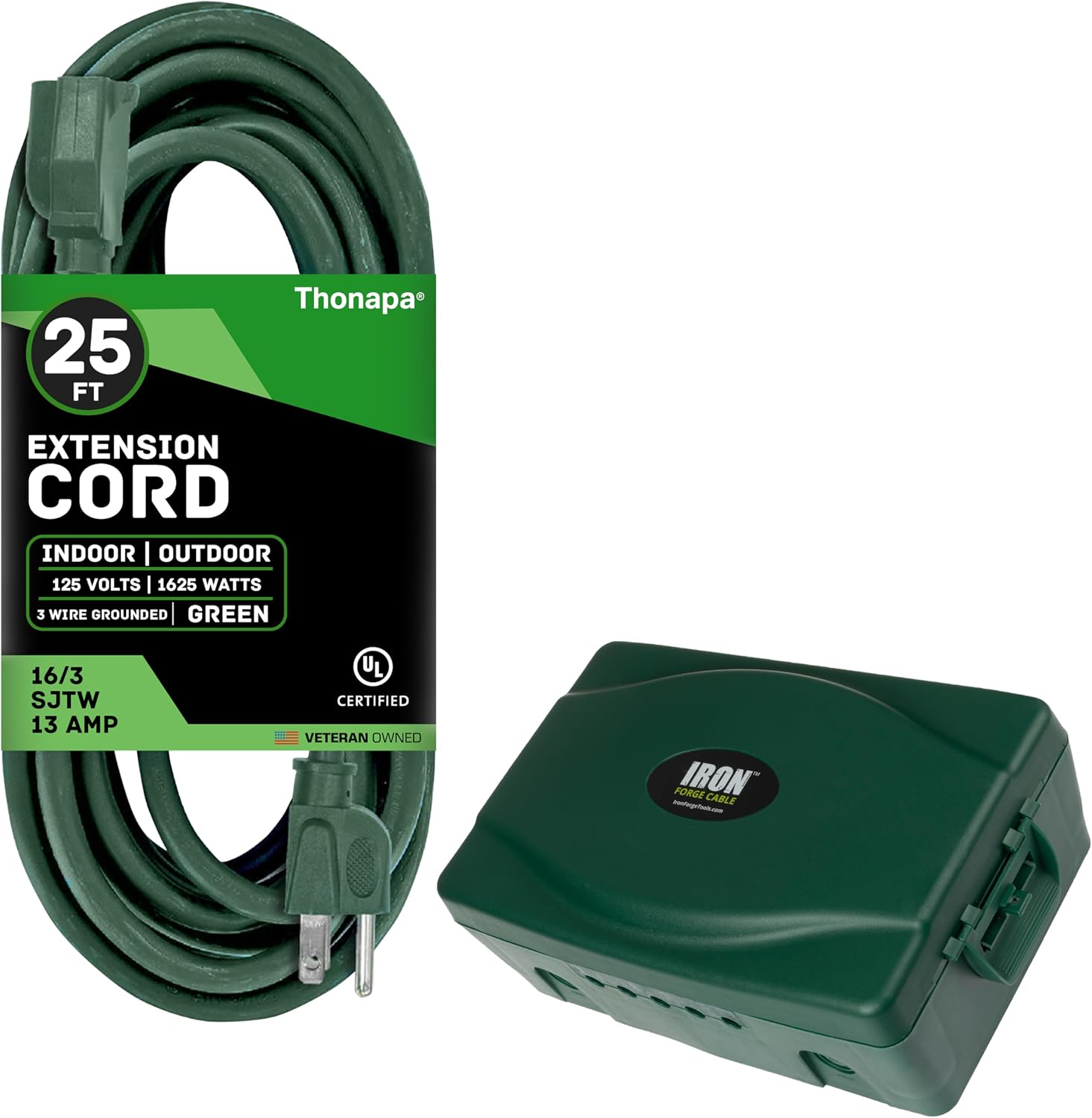 Thonapa Green Outdoor Extension Cord 25 ft, SJTW 16 AWG 13AMP Weatherproof Exterior Power Cable & Outdoor Green Electrical Box Weatherproof Power Cord Protector for Electrical Connections, IP54 Rating