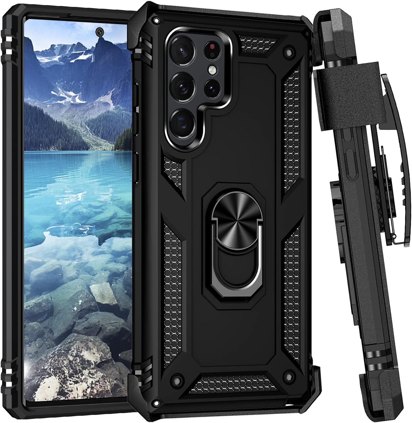 for Samsung Galaxy S22/S22 Plus/S22 Ultra Case with Belt Clip Holster,Military Protective Case [360°Rotatable Ring Holder Magnetic Kickstand] for Samsung S22/S22 Plus/S22 Ultra (Black, S22 Ultra)