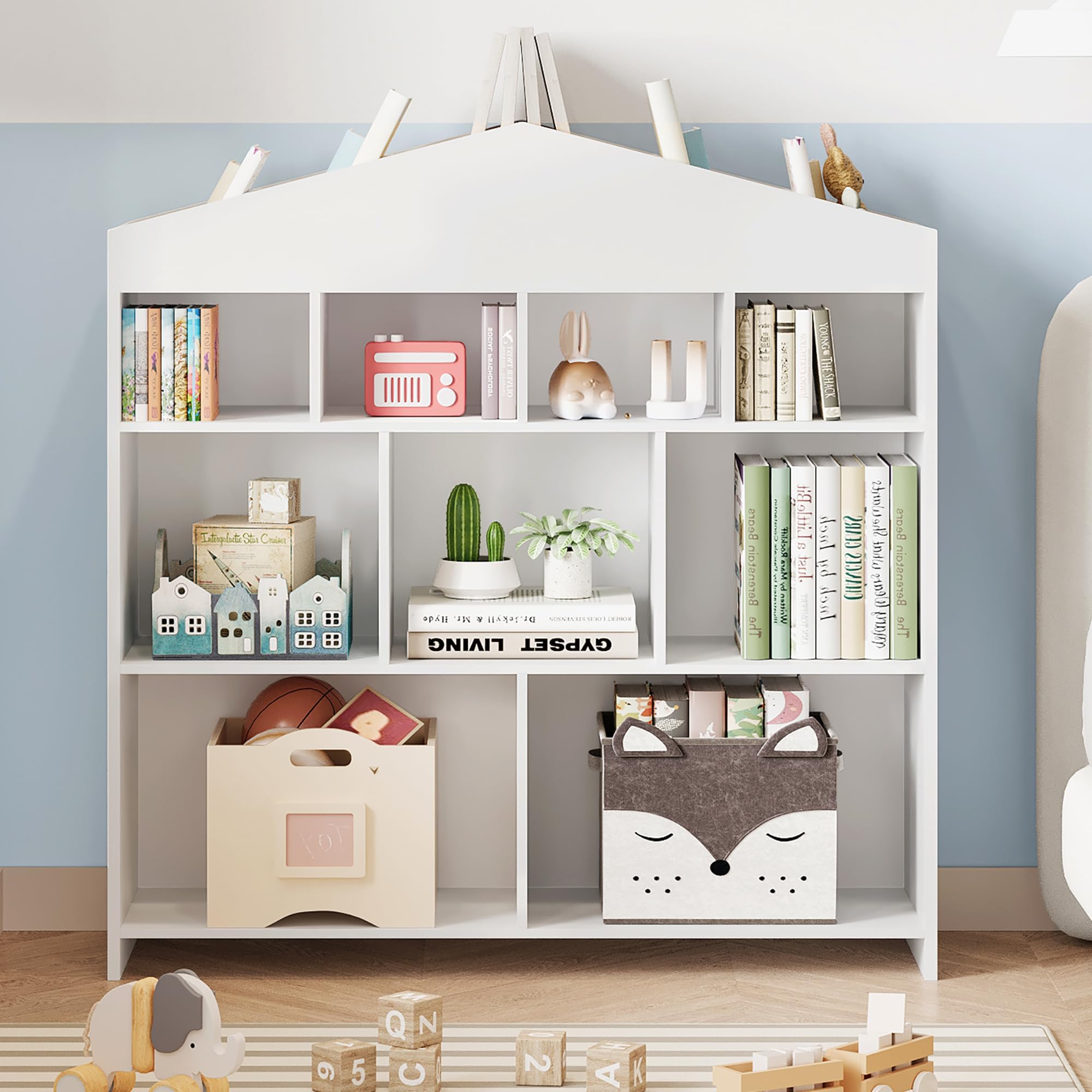 Garvee Estantería Niños Grande - 9 Compartimentos Clasificables - Librería Infantil con diseño en Forma de casa - Espacio Superior para Libros y Adornos - 100 * 30 * 104 CM - Color Blanco