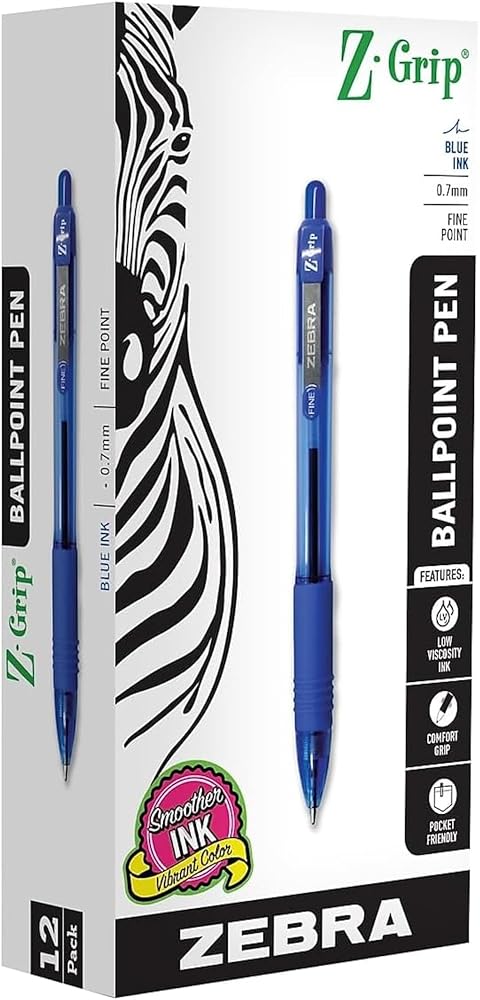 Zebra Pen Z-Grip Retractable Ballpoint Pen, Blue Ink, 0.7mm, 12-Pack