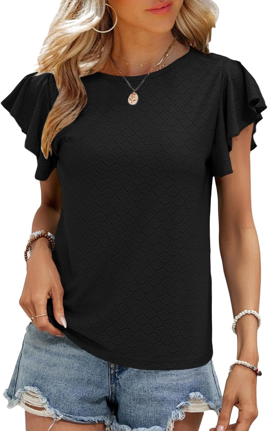 SHEWIN Womens Summer Tops Casual Crewneck Ruffle Short Sleeve T Shirts Hollow out Tunic Top Loose Fit