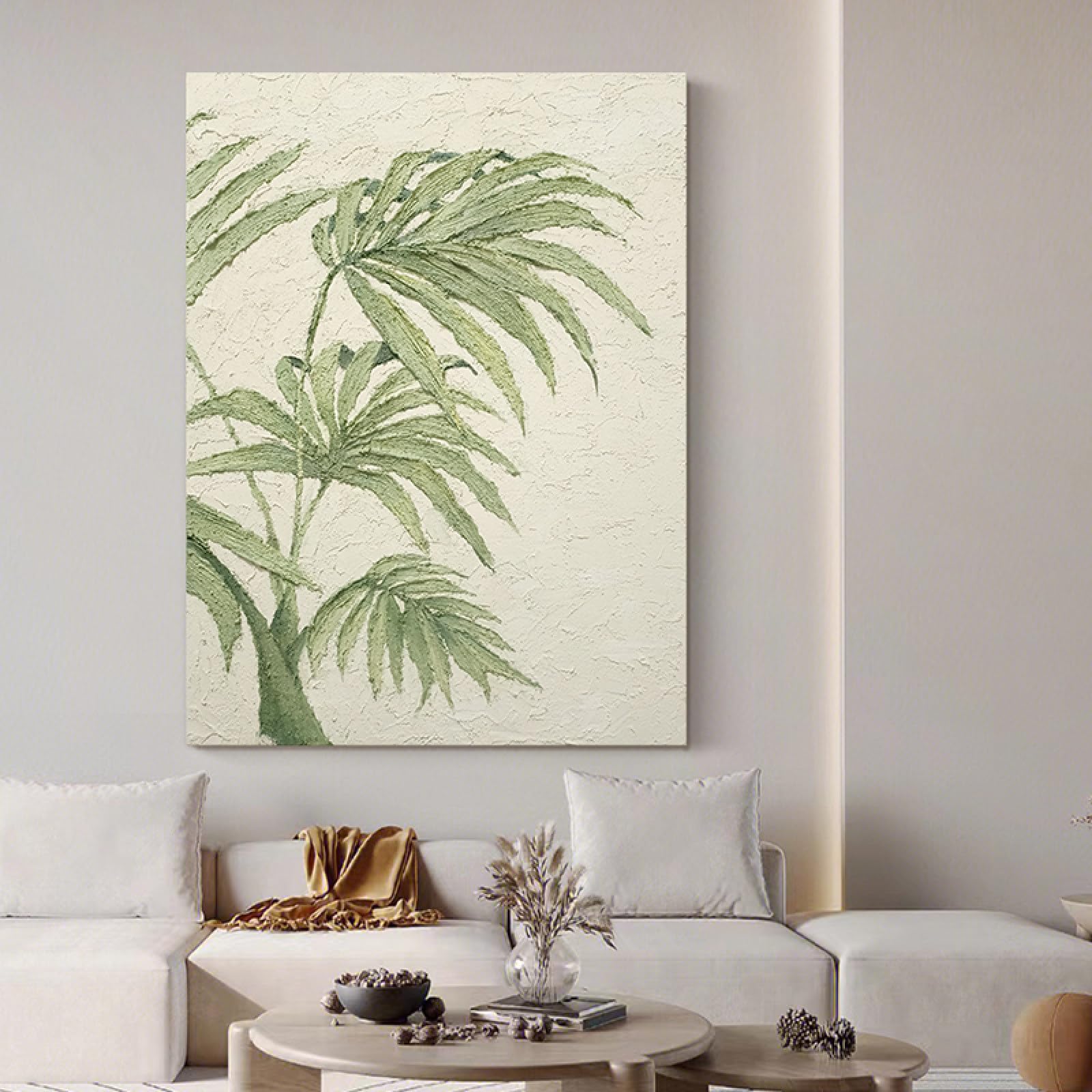 Peinture à l'huile salon et chambre déco murale feuilles abstraites 90cm