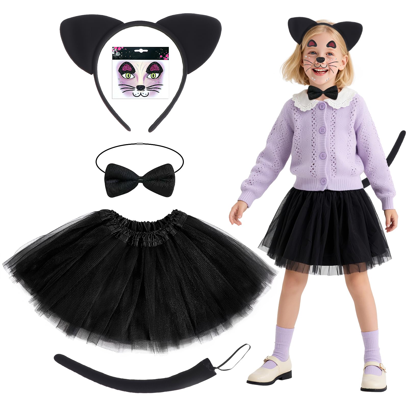 Jokureao 5Pcs Black Cat Costume Set including Accessories, Animal Tutu Dress Cosplay Outfit with Ears Headband, Tail, Bowtie