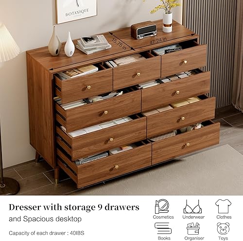 Miniatura 10 de Cómoda de 6 cajones, cómoda de mediados de siglo de 47 pulgadas de ancho, cómoda de madera para dormitorio con 6 cajones de almacenamiento para