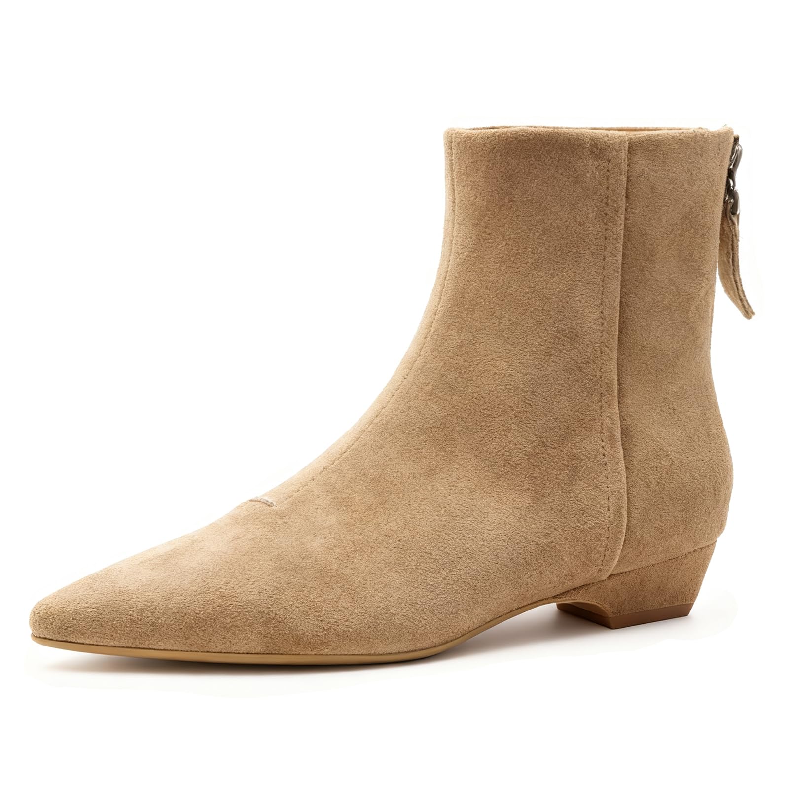Womens Suede Low Block Heel Ankle Boot with Back Zip Retro Comfortable Chunky Heel Pull On Pointed Toe