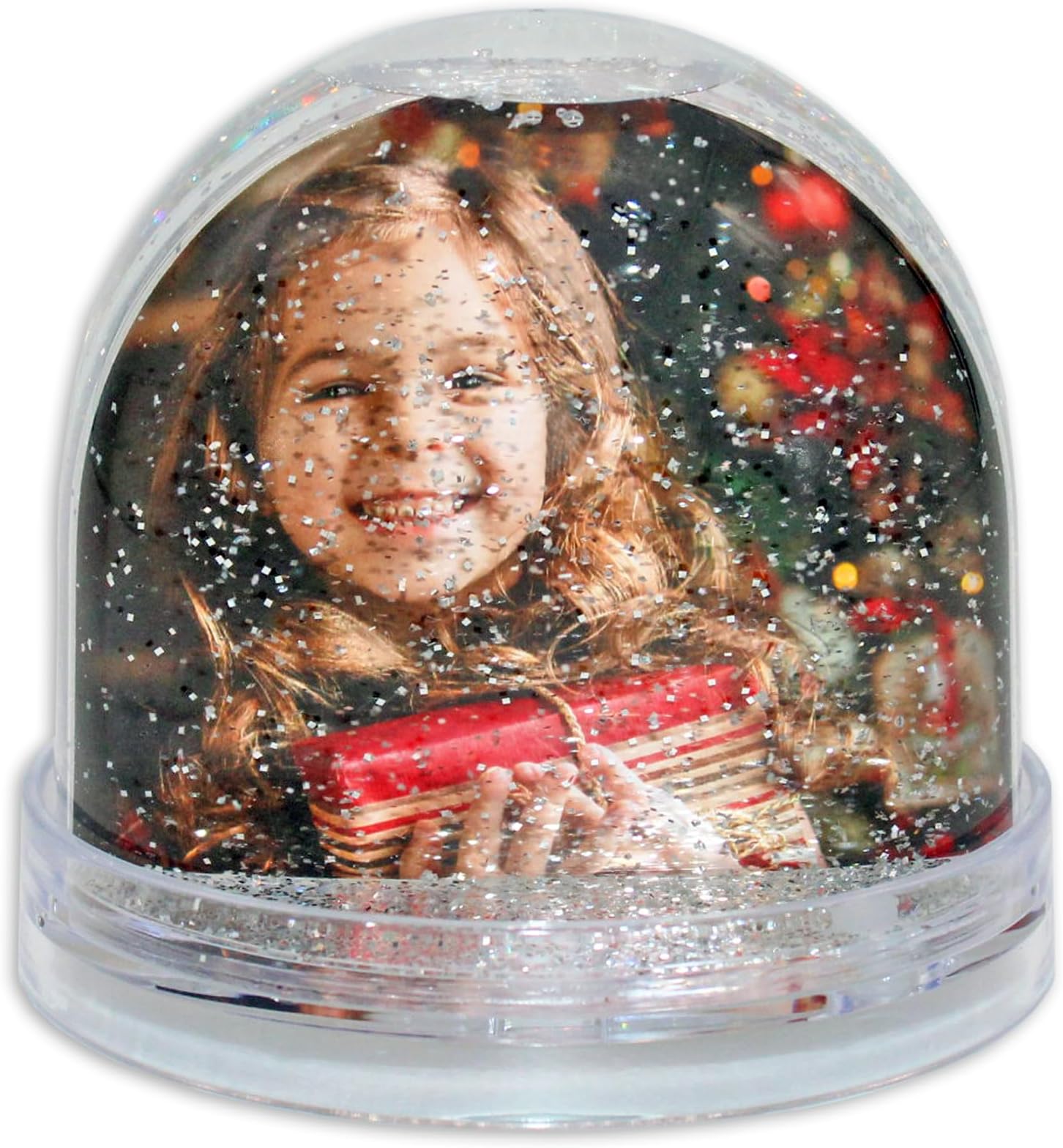 Adventa Personalised Snow Globe Photo Dome Shaker Ornament - Clear Base, Glitter (Silver) - Ideal Personalised Gifts, Home Décor or Arts and Crafts Decorations