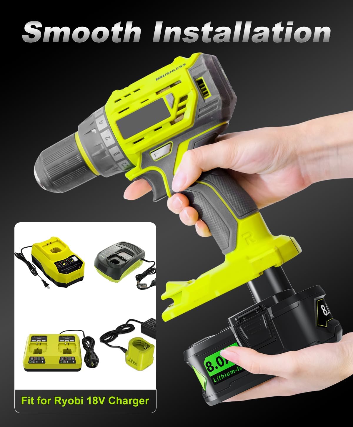 2Pack 8.0Ah Replacement for Ryobi 18V Lithium Battery Compatible with Ryobi 18 Volt Battery ONE+ Plus P102 P103 P104 P105 P106 P108 P107 P109 P190 PBP002 PBP003 PBP004 PBP005 RB18L50 BPL1820 Tools - Image 4