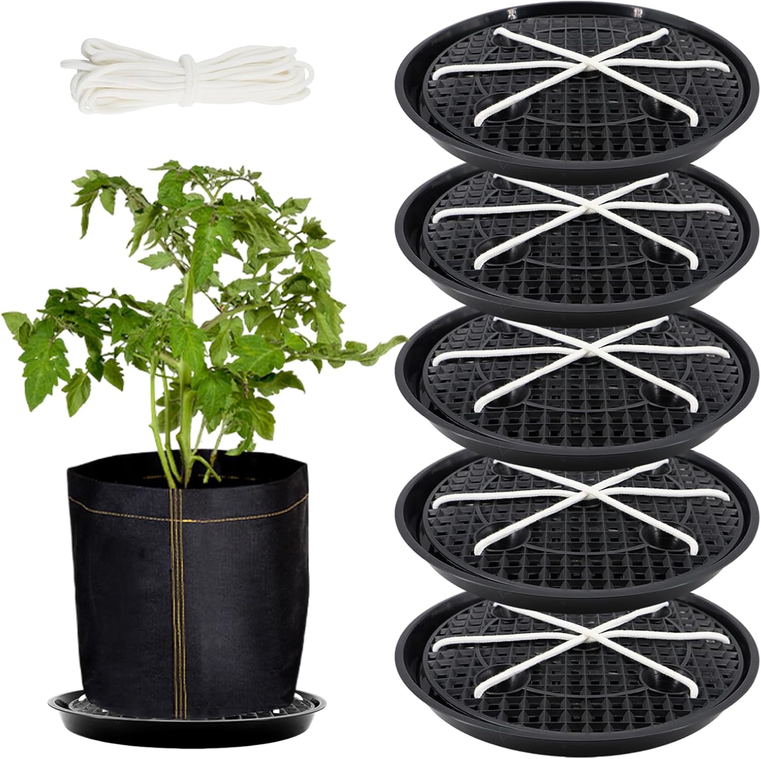 5-Pack 12" Plastic Plant Saucer, Self Watering Pots for Indoor Plants, Bottom Plant Water Catcher Tray, Indoor/Outdoor Greenhouse Garden Auto-Irrigation System for 5 Gallon Fabric Grow Bag