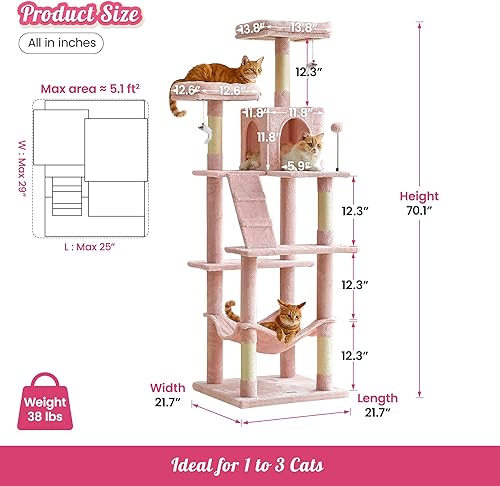 Miniatura 125 de MWPO Árbol de gato rosa de 63.8 pulgadas para gatos de interior, torre para gatos de varios niveles con postes rascadores cubiertos de sisal