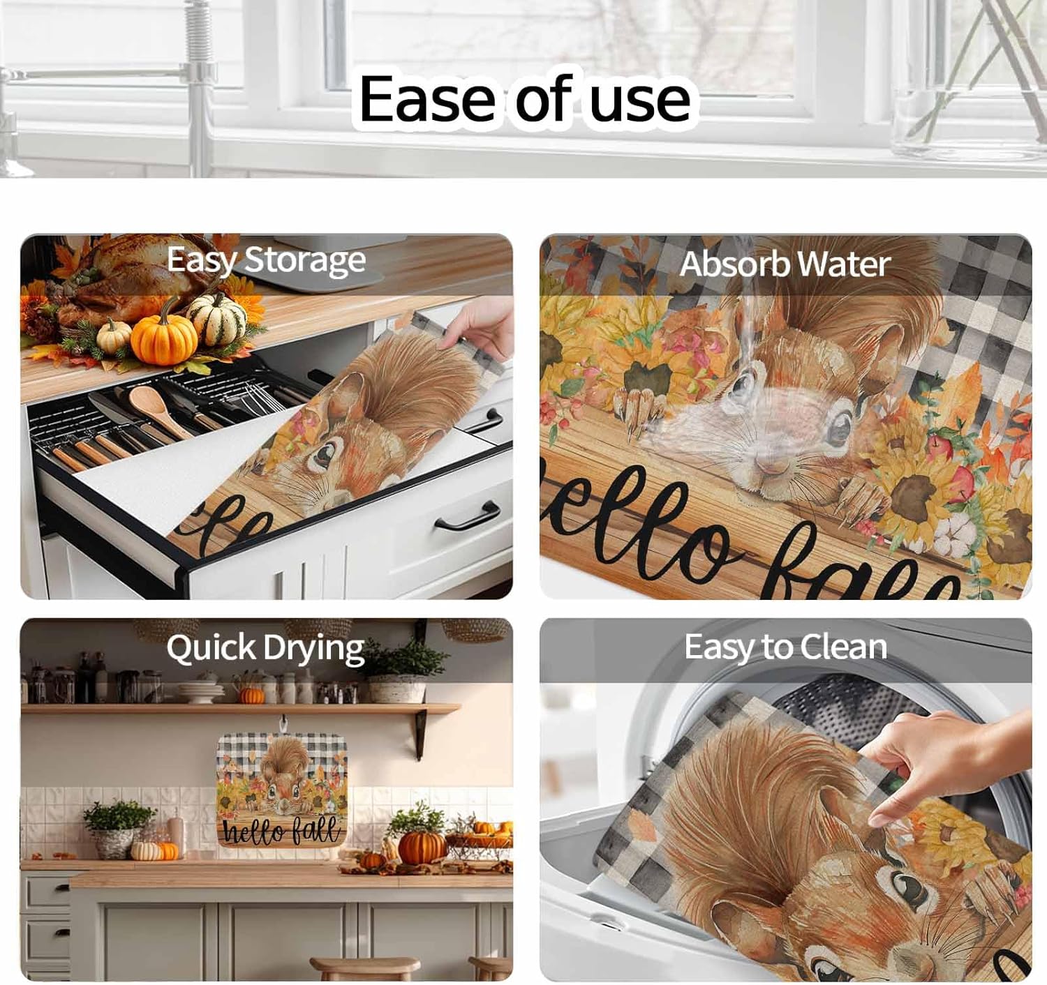 Squirrel Sunflower Autumn Thanksgiving Dish Drying Mats for Kitchen Counter,Absorbent Microfiber Dish Drainer Rack Mat Buffalo Check Retro Wooden Drying Pad for Sinks,Utensils,Countertops,18x24in