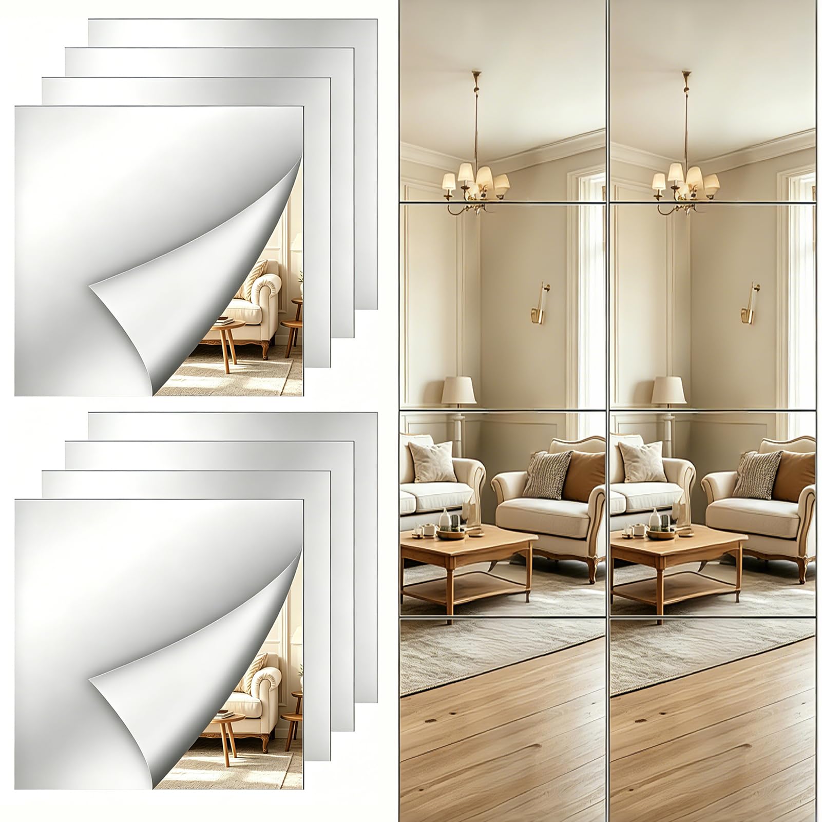 BEZHGOC Stick On Mirror, 8Pcs 20x20cm Self Adhesive Mirror Tiles for Walls Full Body Length Acrylic Mirror for Home Workout Gym Hallway