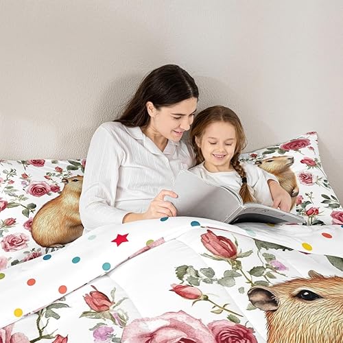 Miniatura 6 de Erosebridal Wild Capybara - Juego de cama de tamaño Queen romántico con diseño de rosas y flores, color rojo, lindo juego de cama con temática