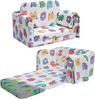 MeMoreCool Kids Couch, Folding Toddler Armchair Chair Sofa, Soft Plush Fold Out Kids Sofa Bed Glow in The Dark, Comfy Baby Recliner for Girls Boys, Glowing Alphabet