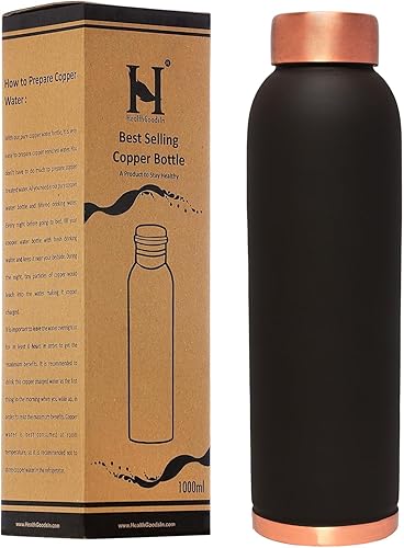 HealthGoodsIn Botella de agua de cobre de 32.12 onzas líquidas, acabado negro mate, botella ayurvédica de cobre puro para agua potable, a prueba de