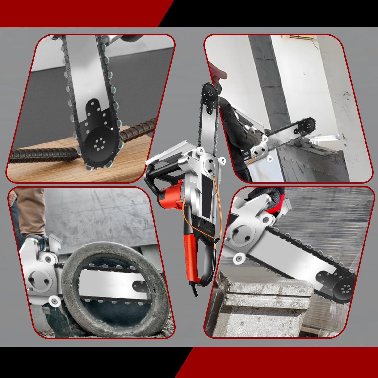 Segatrice Elettrica per Calcestruzzo con Sistemas di Abbattimento Polveri Ad Acqua, Taglierina Manuale A Catena Diamantata per Calcestruzzo Armato, Granito, Mattoni 2Chain-48CM