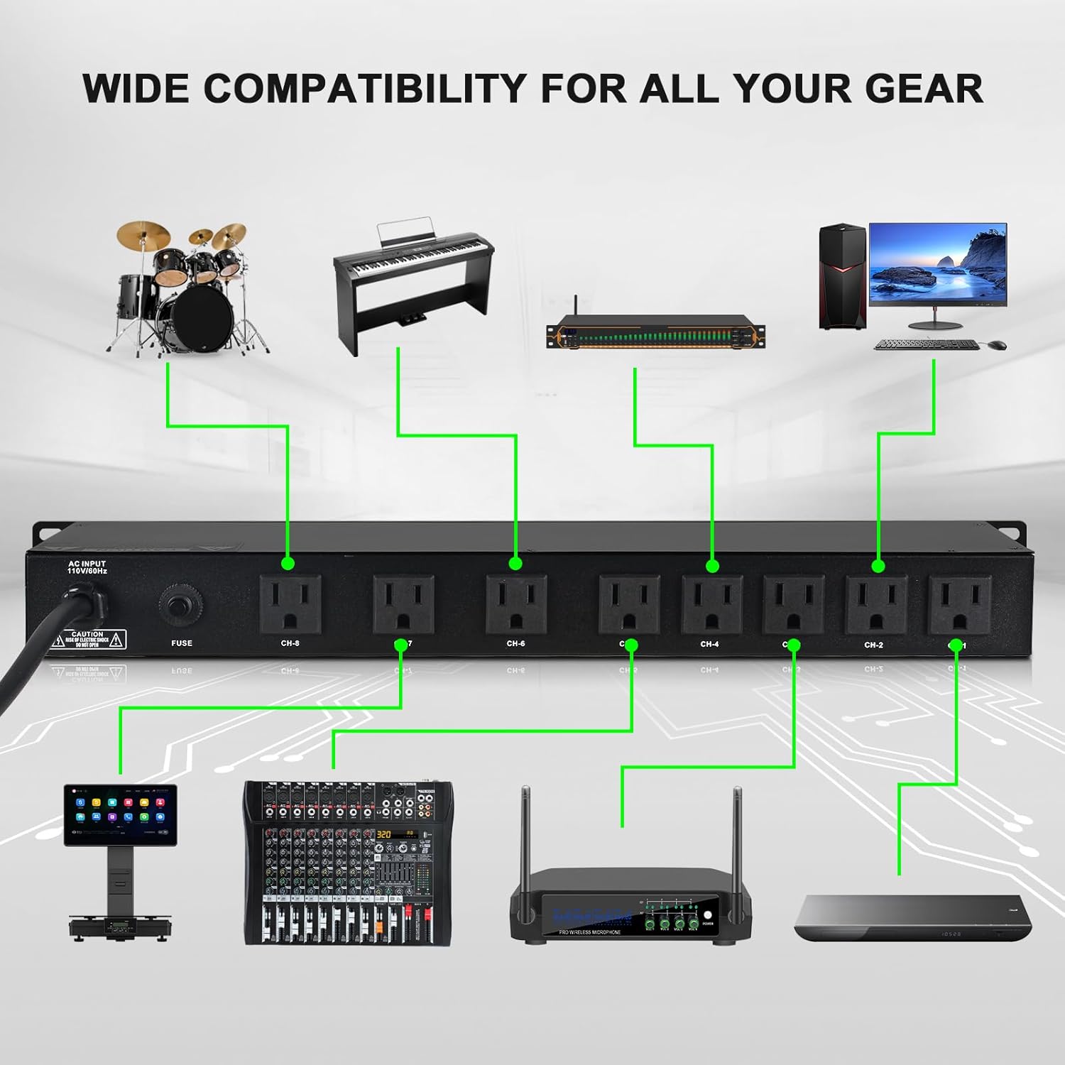 Power Conditioner for Audio Equipment, 10 Outlets 30A Rack Mount Audio Digital Pro Power Supply Controller Regulator for Home Theater Sound System Stage Studio (MU-208FX)