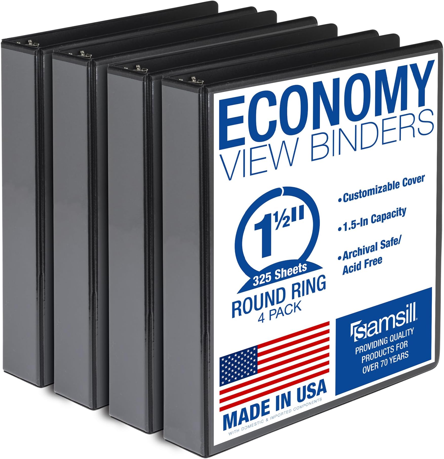 Samsill 1.5 Inch 3 Ring Binders, Made in USA, Economy Round Ring, Clear View Cover, 325 Sheet Capacity - for School, Home, Office - Black, 4 Pack