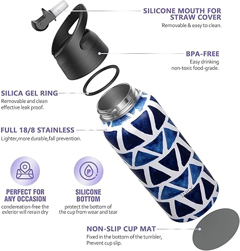 Miniatura 26 de THILY Botella de agua aislada de acero inoxidable con triple aislamiento, 32 onzas, botella de agua de boca ancha a prueba de fugas con 2 tapas