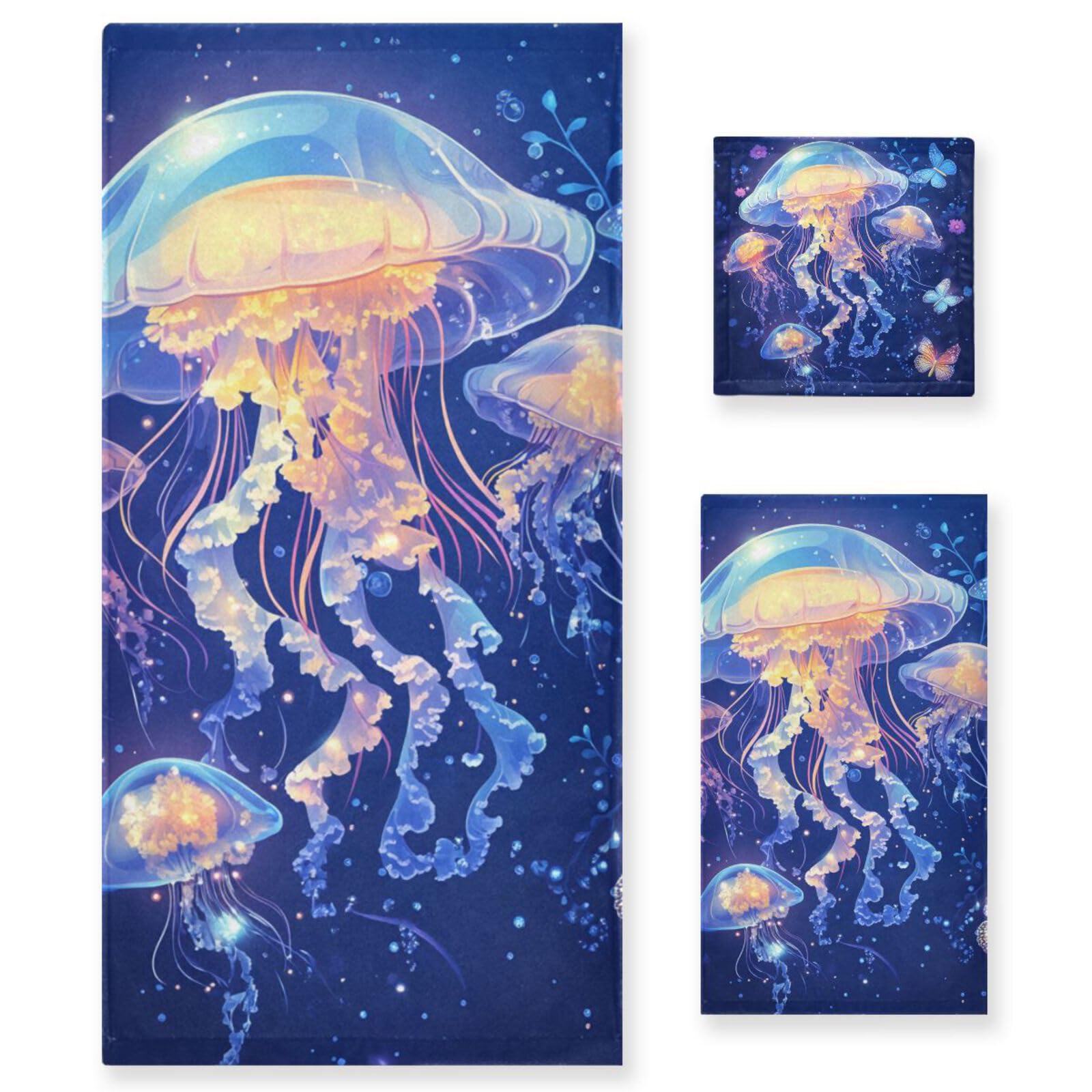Cartoon Quallen A River Blue Cleaning Face Towels Set 3-teilig, 1 Badetuch, 1 Handtuch, 1 Waschlappen für Zuhause, Küche, Familie