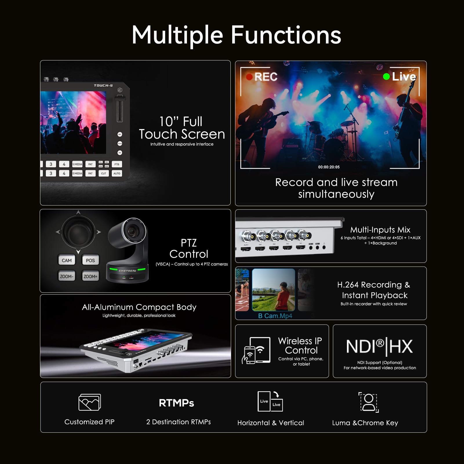 Touch-S 10,1” Switcher Video Touchscreen, Mixer per Streaming Live HDMI/SDI a 6 Canali con Controllo Telecamera PTZ, Monitoraggio Multiview, Acquisizione USB, Miscelazione e Registrazione Audio