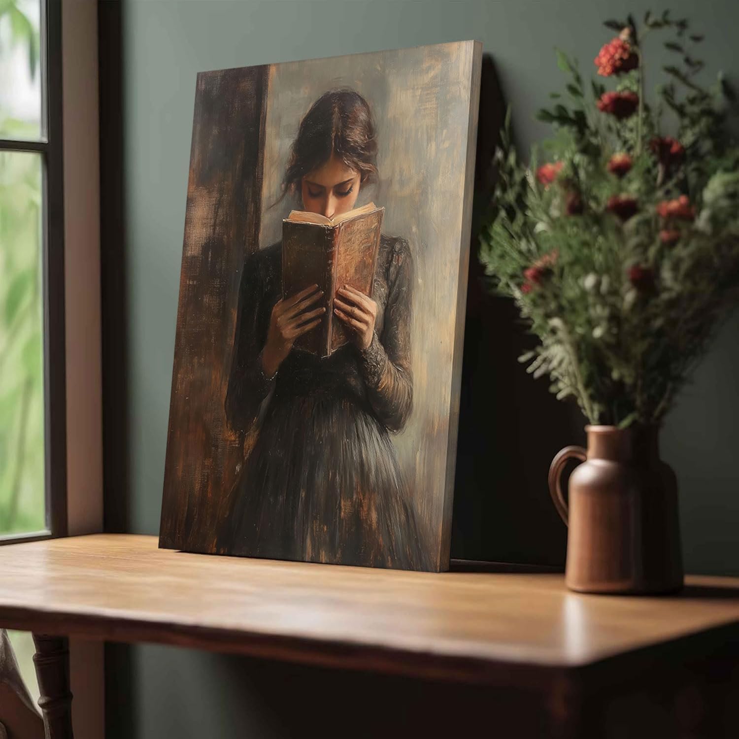 Framed Victorian Feminine Reading Canvas Wall Art Vintage Dark Academia Moody Books Poster Print Gothic Librariancore Nook Painting Picture for Book Lover Gifts Bedroom Gallery Wall Decor 12x16in - Image 7