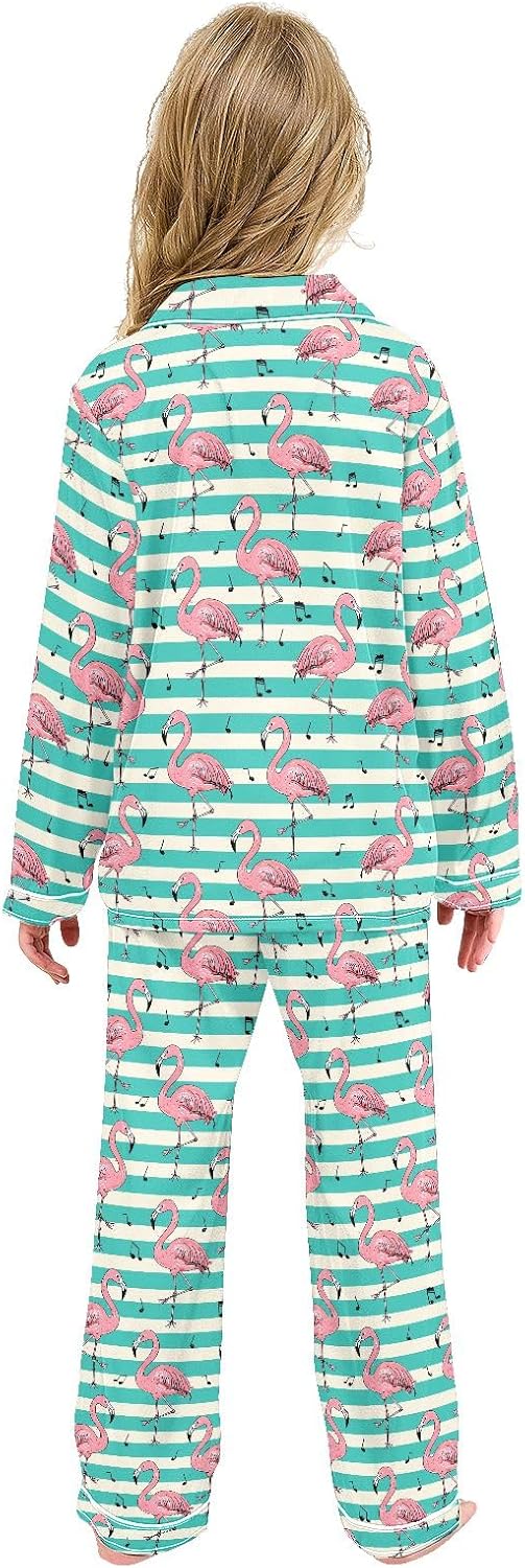 Kids Casual Satin Wear Set Flamingo Stripe Musical Notes Pattern Unisex Relaxed Fit Clothing