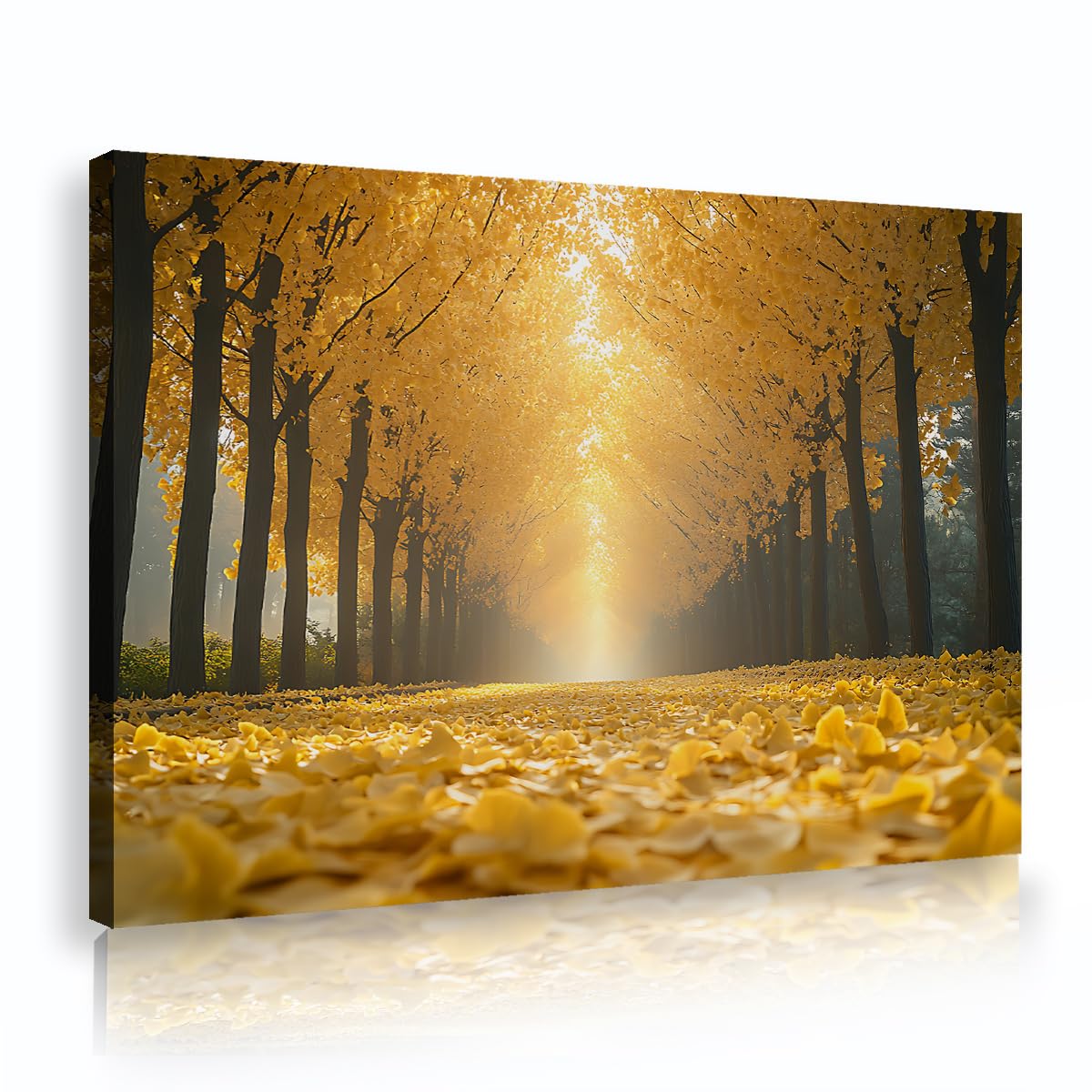 Via Vela Golden Ginkgo Avenue Wall Art Canvas Print Yellow Tree Alley Painting Sunlit Forest Lane Poster Autumn Nature Picture for Hotel Lobby Study Meeting Room Decor 50x75cm