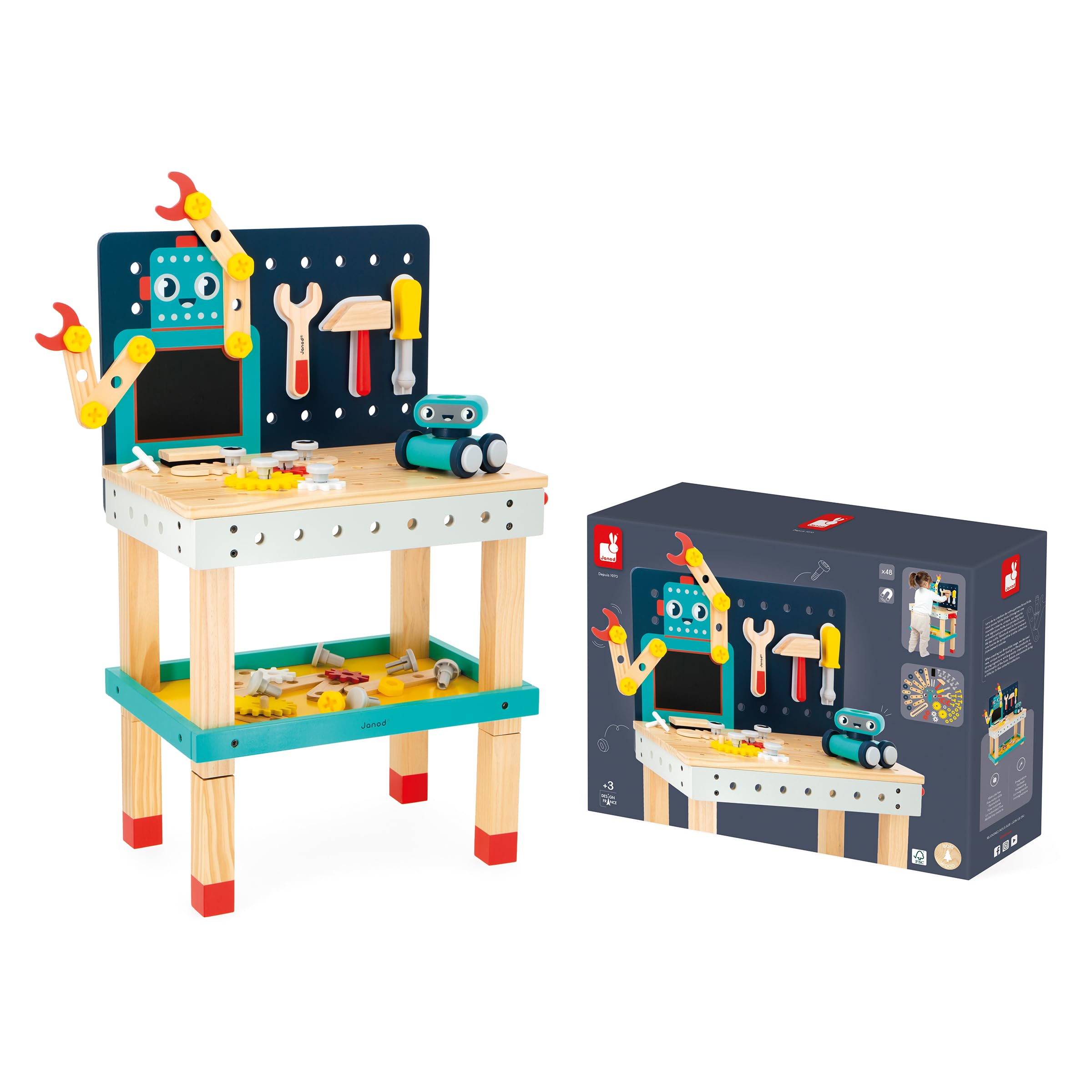 Janod - Mon Premier Jeu de Construction - Grand Établi Robot - Jeu de Bricolage Enfant - 50 Pièces - Hauteur Ajustable - Imitation - 3 Ans + - J06457