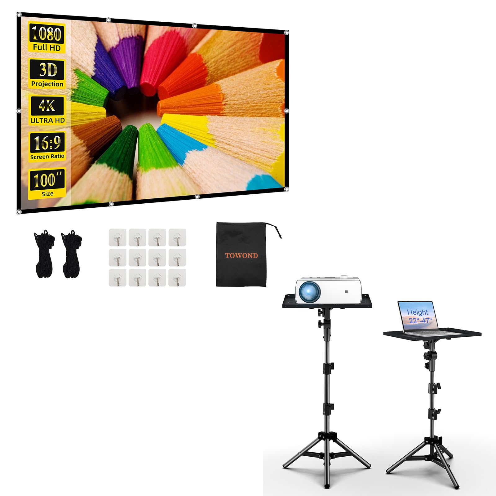 Projector Screen TOWOND 100 inch, Projector Stand Tripod Projector Mount,Portable Laptop Tripod Stand Adjustable Height 22 to 47 Inch