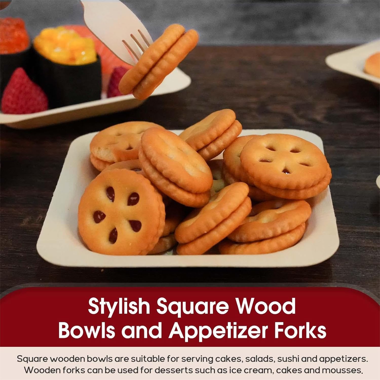 CONLI 300 Pcs Disposable Palm Leaf Bowls, Square Bamboo Appetizer Plates, Compostable Wood Plates with Bamboo Forks for Birthday Wedding Party, Dessert, Catering and Home Use (4.4 x 4.4x0.5 Inch)