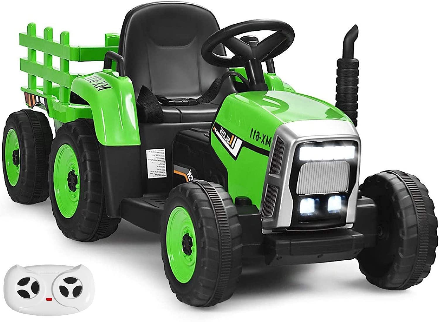 Ride on Tractor and Trailer, 12V Battery Powered Electric Kids Toy Car with LED Lights, USB & Bluetooth Music, Four Wheels Ride on Toys for Children Ages 3+(Green)