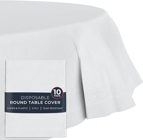 HOUZZKINGZ USA Paper Tablecloths for Round Tables | 82" - 10 Pack | White Paper & Plastic Disposable Table Cloths