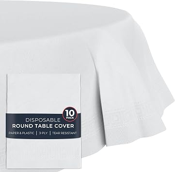 HOUZZKINGZ USA Paper Tablecloths for Round Tables | 82" - 10 Pack | White Paper & Plastic Disposable Table Cloths