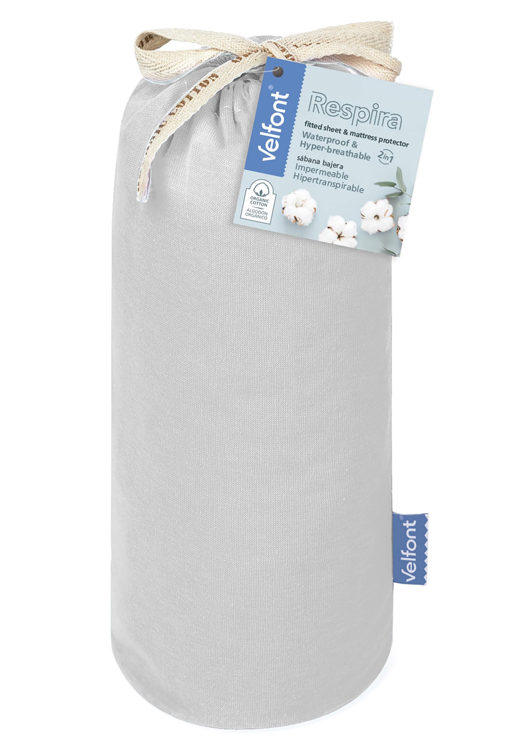 Velfont Sábana Bajera Impermeable de Algodón Orgánico, Transpirable y Impermeable, Colores Variados, Ajustable a Largos 200 cm (Gris, 105 cm)