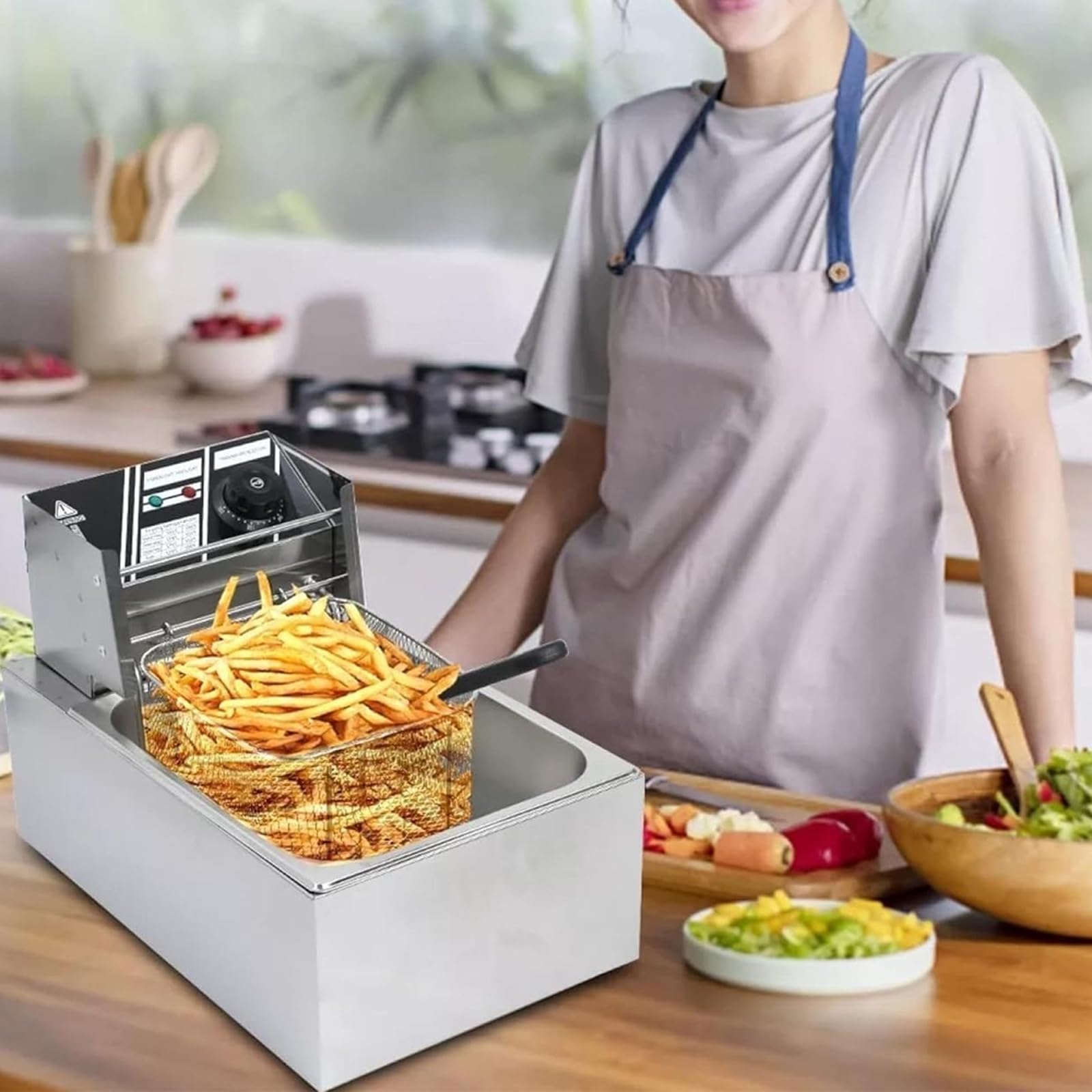 Friggitrice Elettrica da Banco da 6 Litri, Friggitrici Commerciali da 1500 W con Cestello di Scarico E Coperchio per Uso Ristorante per Patatine Fritte, Ciambelle al Tacchino, Cucina