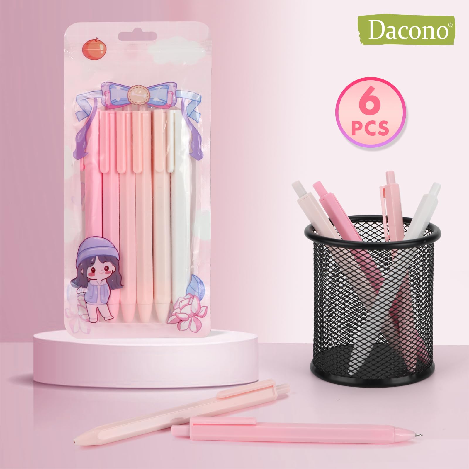 Ästhetische Kugelschreiberstifte （Macaron Rosa） Pastell Roller Kugelstifte, 0,5 mm Einziehbare Gel - Tintenstifte | Schwarze Tinte | Netter Ball Point Pen - Pack von 5