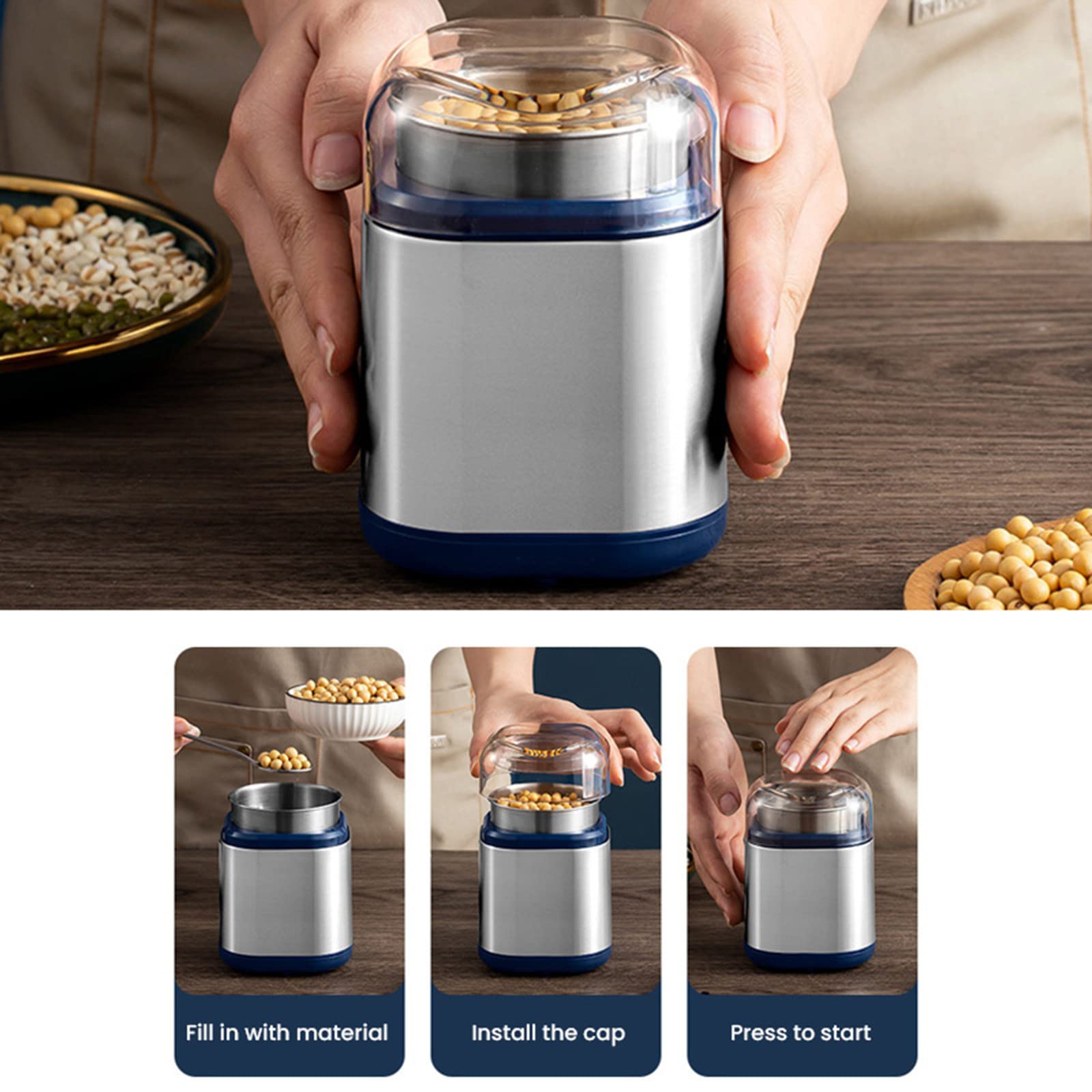 Mini macinacaffè elettrico Potente caffè Erba Noci Erbe Grani Pepe Macinino per tabacco Macchina per smerigliatrice di chicchi di caffè,Silver