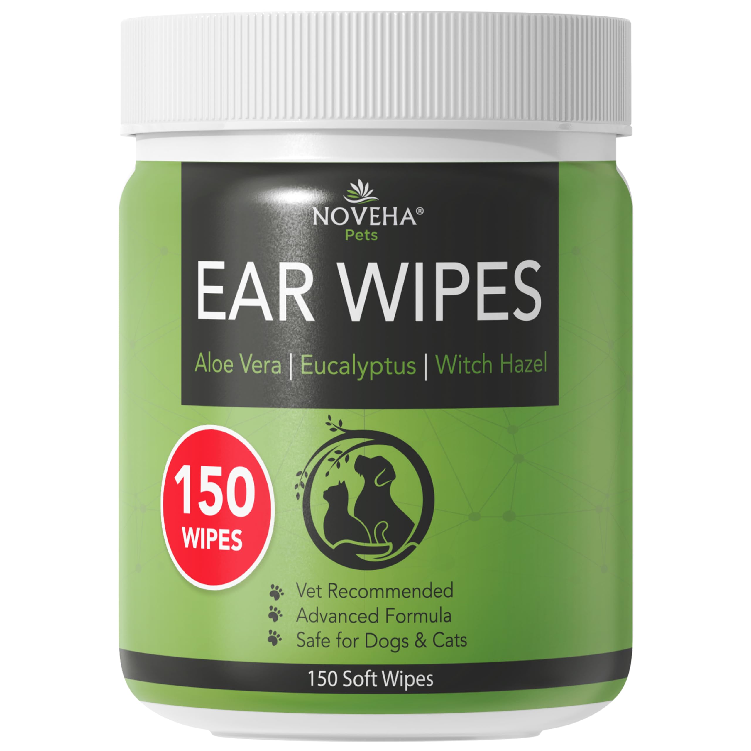 NOVEHA 150PCs Dog Ear Cleaner Wipes, Daily Ear Cleaner for Dogs & Cats - Stop Ear Itching with Aloe, Eucalyptus & Witch Hazel Ear Wipes for Dogs - for Odor Control, Dirt and Wax Removal, Unscented