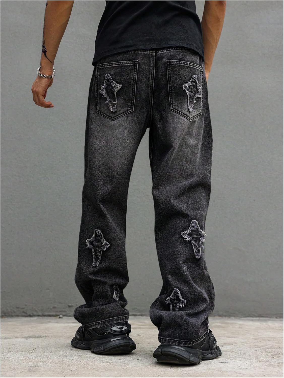 Men's Y2k Baggy Jeans Low Rise Patch Wide Leg Hip Hop Streetwear Grunk Punk Embroidery Sweatpant Jeans - Image 2