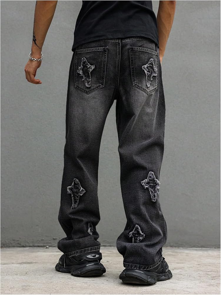BEAUDRM Men's Baggy Jeans Y2k Grunk Cross Patch Wide Leg Jeans