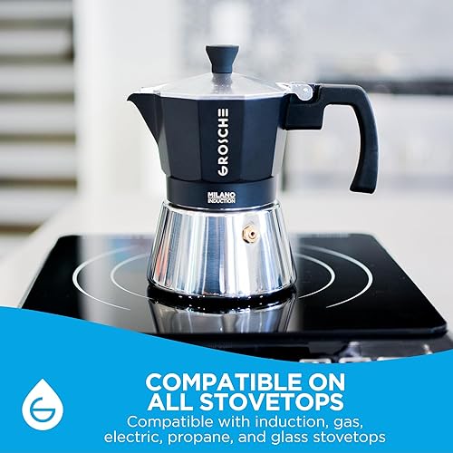 Miniatura 3 de Grosche Milano Máquina de café espresso para estufas de greca, inducción, eléctricas y de gas, apta para lavavajillas, 3 tazas de espresso, negro