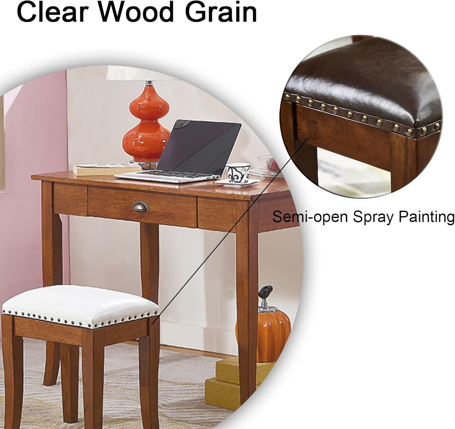 Vanity Stool with Upholstered,Piano Bench with Solid Wood Curved Legs,Home Chairs PU Vanity Stools with Copper Nail Edge