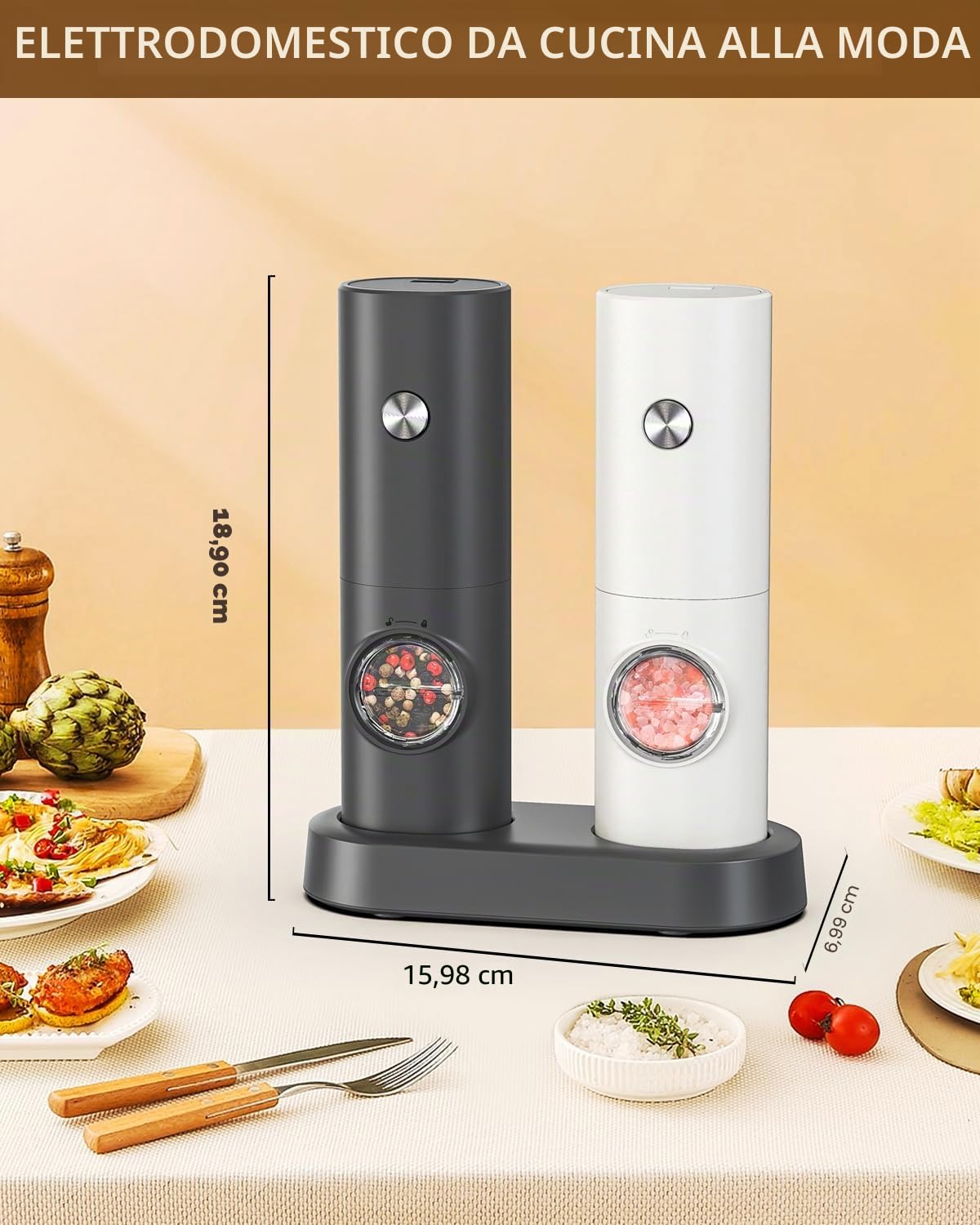 CIRCLE JOY Set Macina Sale e Pepe Elettrico a Batteria Macinaspezie con Base, Luce LED Bianca e Rugosità Regolabile, Bianco Nero