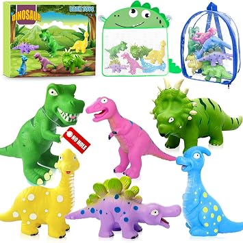 Dinosaur Bath Toys for 18 Mon, 6 Pcs Mold Free Dino Bath Toy for Toddler 1-3, Soft Rubber Baby Bathtub Shower Water Table Pool Toys with Mesh Organizer & Backpack, Exquisite Box Gifts for Boys Girls