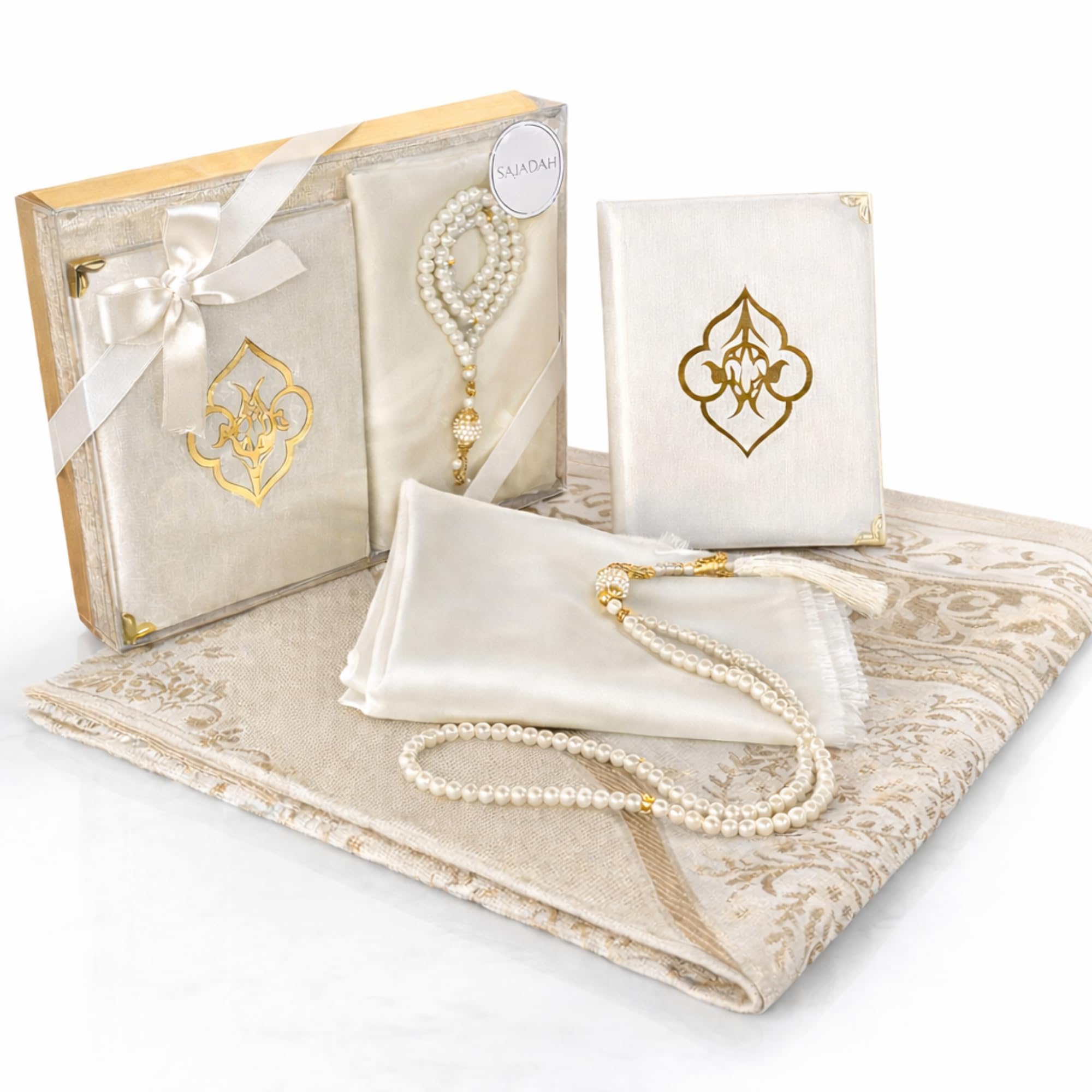 SAJADAH Muslim Prayer Rug Set - 4 in One Islamic Gifts Set, Prayer Mat, Prayer Beads, Hijab, Surahs Book,Eid Gifts